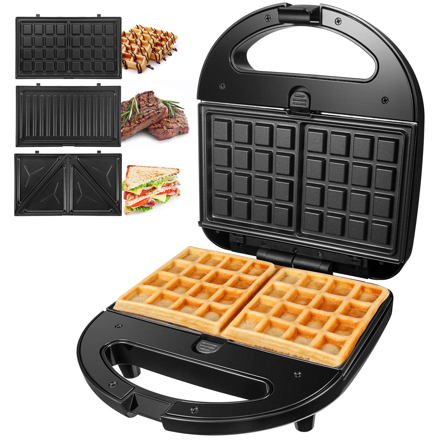 OSTBA 3-in-1 Sandwich Maker & Waffle Iron - 750W Panini Press Grill with 3 Interchangeable Non-Stick Plates, LED Indicator & Cool-Touch Handle - Perfect for Breakfast, Snacks & Party Food - Easy to Clean Kitchen Appliance