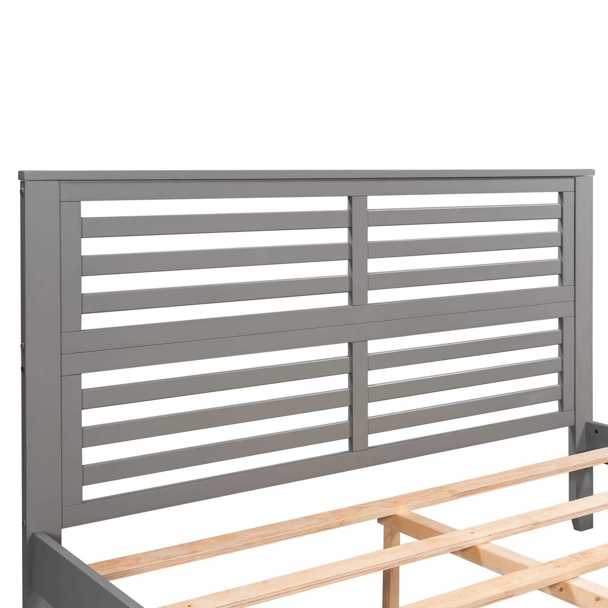 KLMM Solid Wood Platform Bed Frame with Headboard & Footboard - Queen Size, Gray - Heavy Duty Center Support & Wood Slats for Mattress - Easy Assembly for Bedroom, Guest Room, Dorm