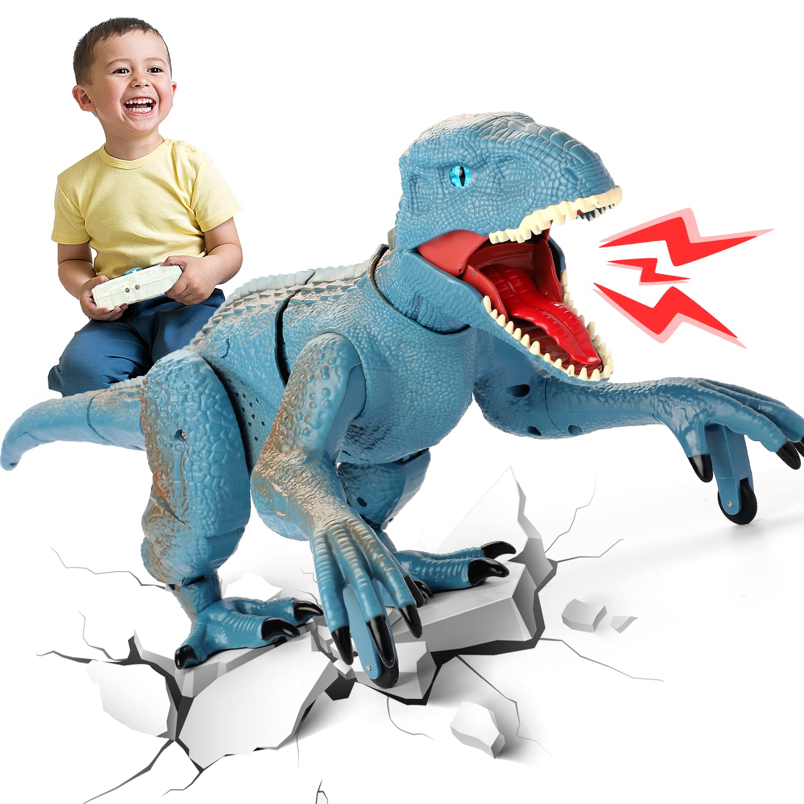**Burgkidz Remote Control Dinosaur Toy – Rechargeable Velociraptor RC Robot with Walking & Roaring Sounds, Blue Dinosaur Gift for Boys & Girls Ages 5-10 – Perfect for Birthday, Playtime & STEM Learning**