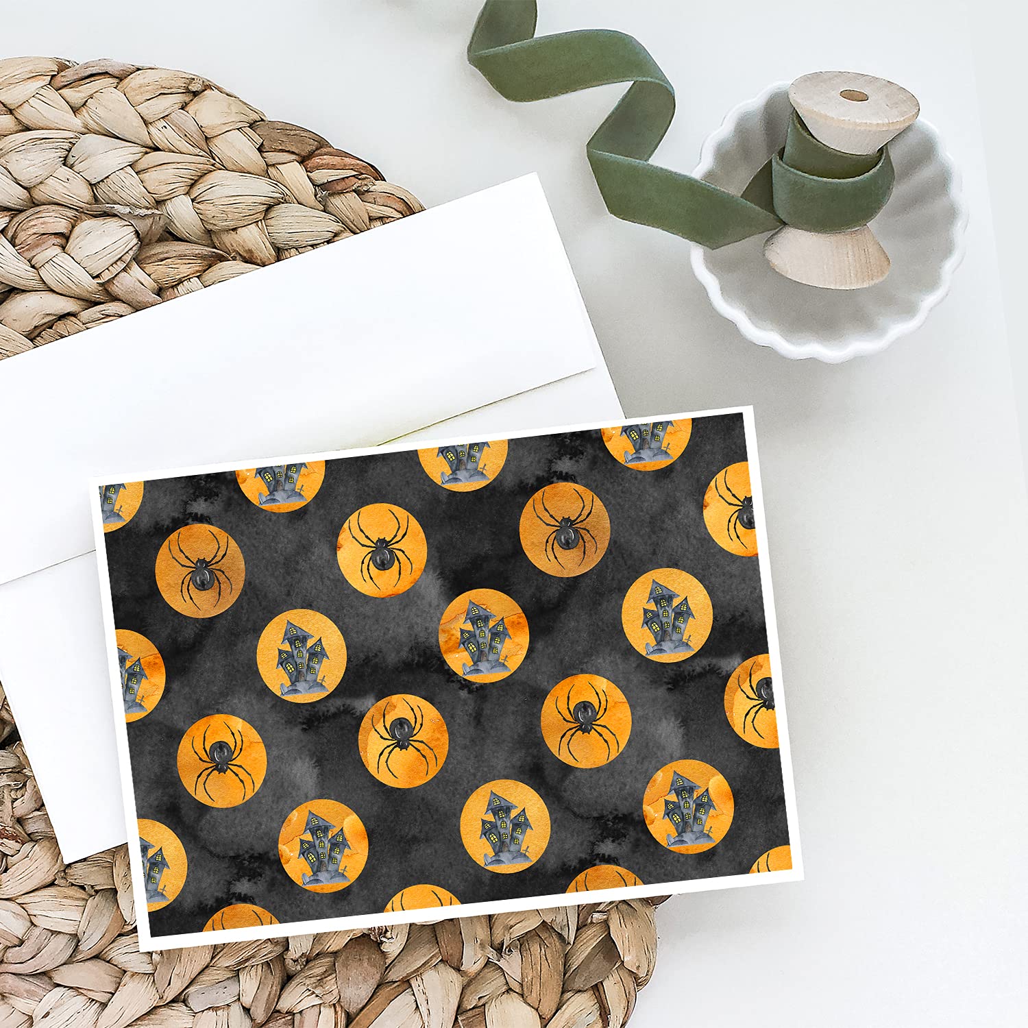 Watercolor Halloween Circles Greeting Cards - Pack of 8 Blank A7 Note Cards (5x7 inches) with Envelopes | Whimsical Handmade Design for Halloween Party Invitations, Thank You Notes & Seasonal Greetings