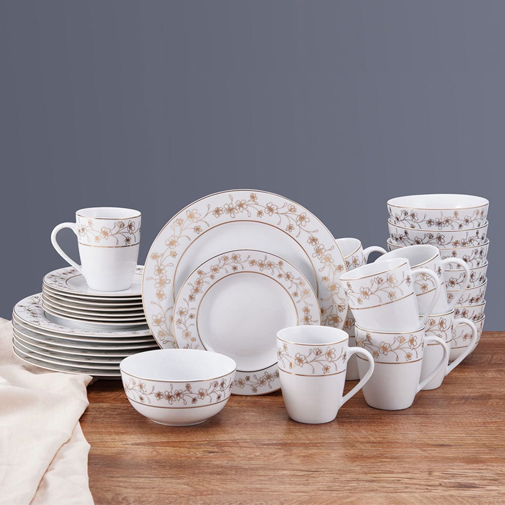 Elegant Metallic Floral Gold 32-Piece Dinnerware Set - Service for 8 - Perfect for Formal Dining, Wedding Registry & Holiday Entertaining