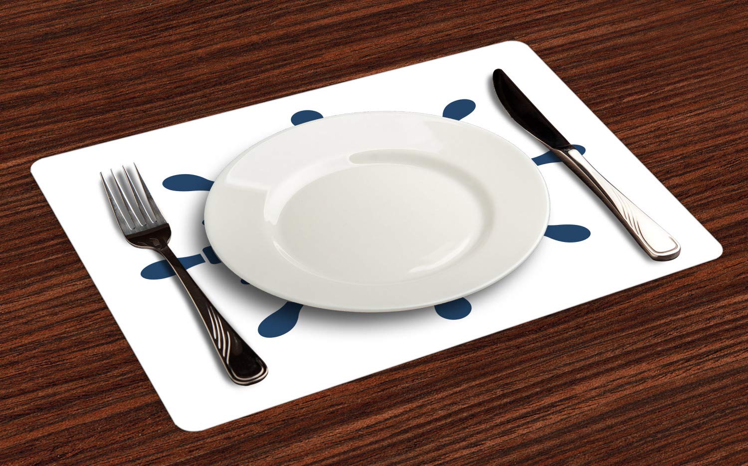 Ambesonne Vintage Nautical Tattoo Placemats Set of 4 - Steering Wheel Compass Design on Plain Background - Washable Fabric Table Mats for Dining Room & Kitchen Decor in Dark Sky Blue and White - Perfect for Beach House, Coastal Theme Parties & Nautical Home Decor