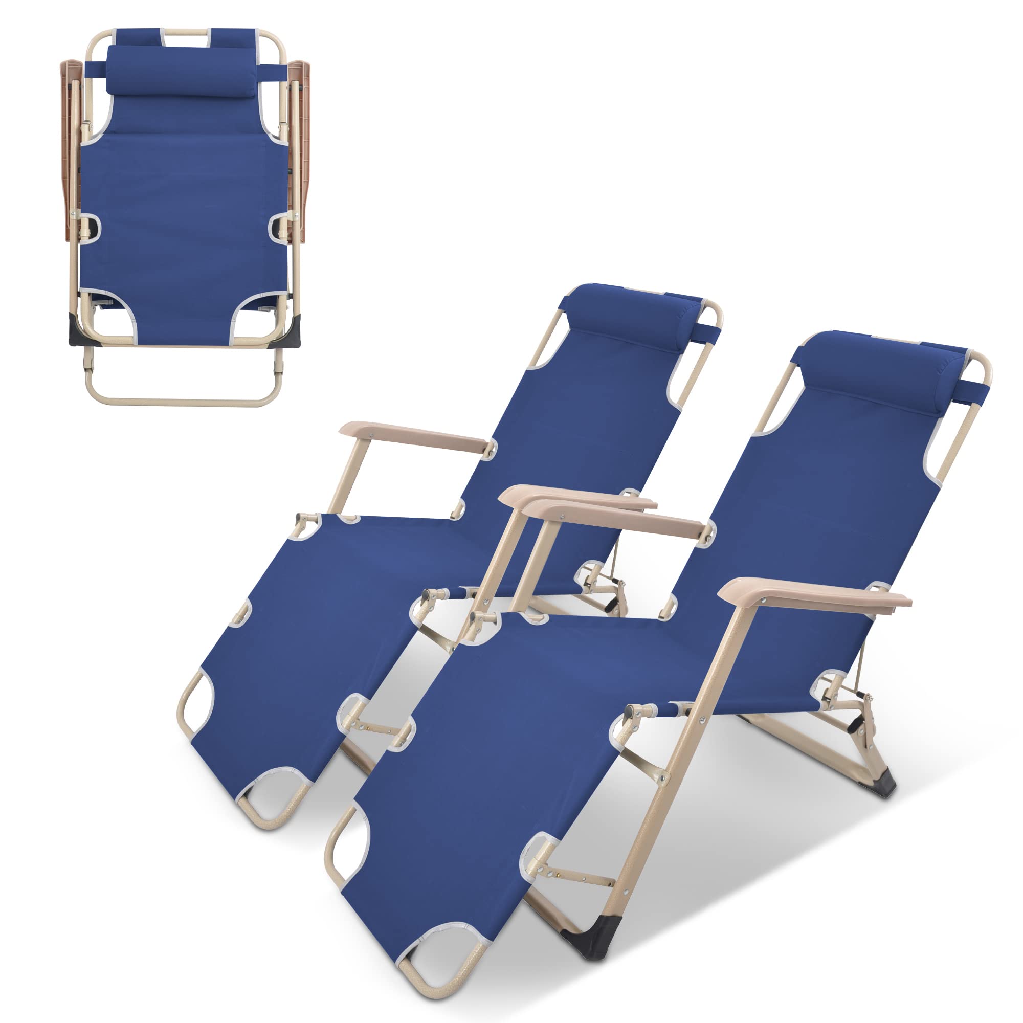 2-Pack Lightweight Portable Folding Lounge Chairs - Adjustable Reclining Patio Chairs with Footrest & Removable Pillow for Beach, Poolside, Backyard & Outdoor Relaxation - Navy Blue