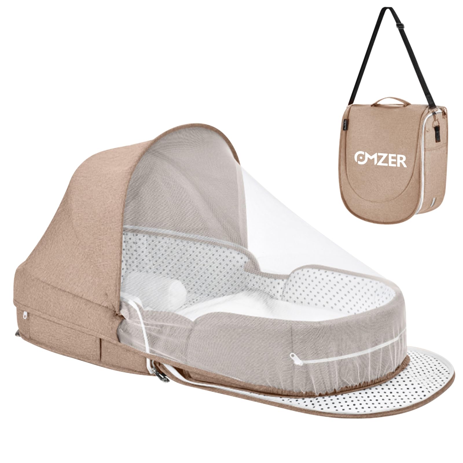 Portable Baby Travel Bassinet with Mosquito Net & Canopy – Foldable Lightweight Co-Sleeping Bed for Infants, Anti-Pressure Design – Ideal for Airplane, Camping & Family Trips (Beige)