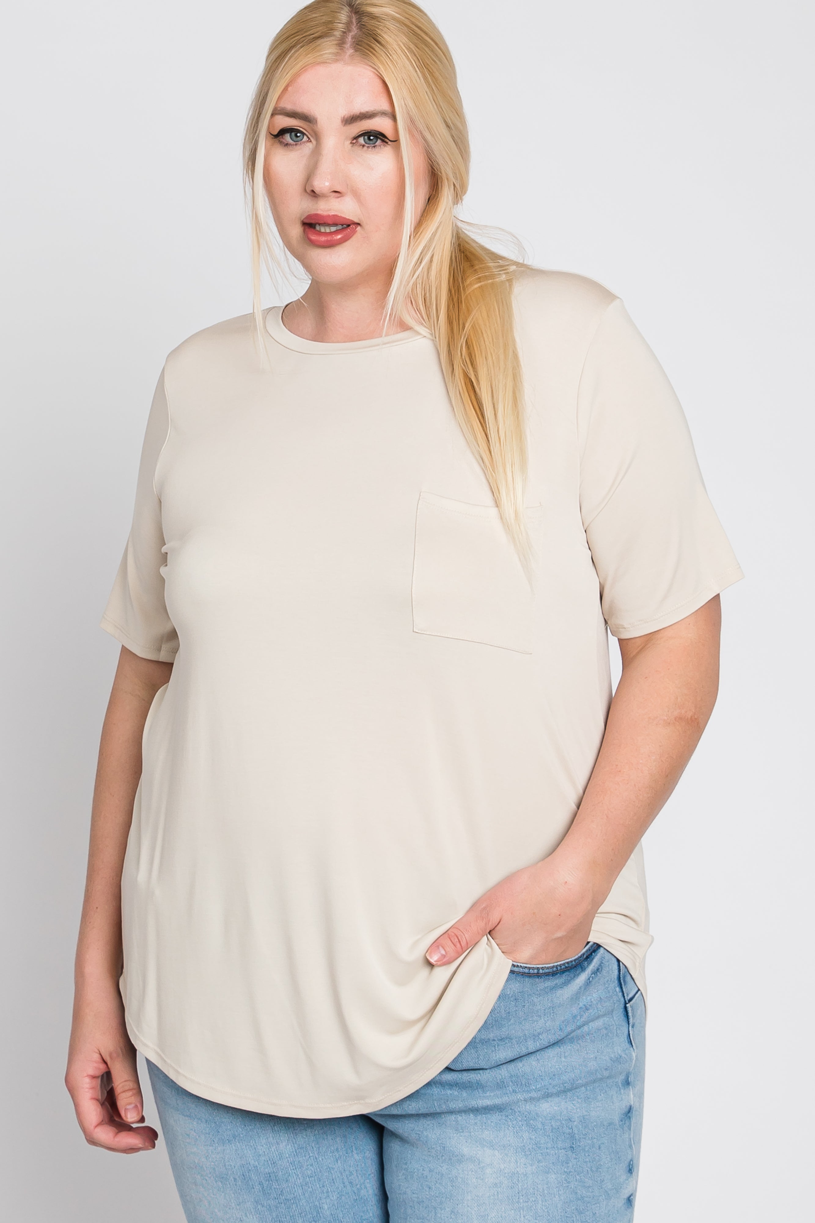 Beige Crew Neck Short Sleeve T-Shirt for Women with Front Pocket - Casual Plus Size Summer Top for Outdoors, Travel & Everyday Wear