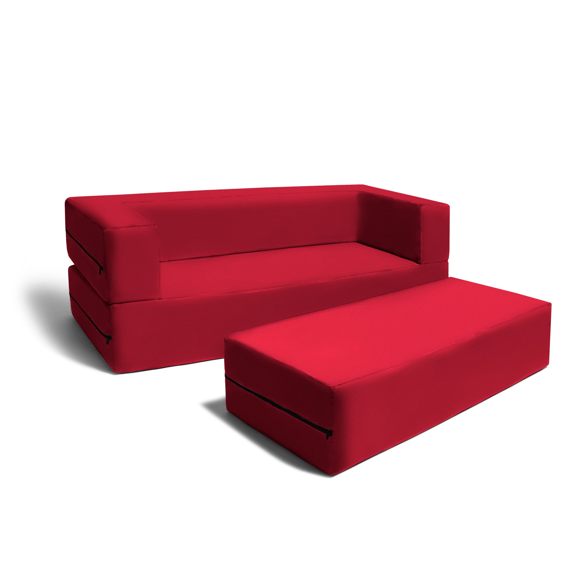Jaxx Zipline 3-in-1 Fold Out Sofa with Large Ottoman - Big Kids Edition in Cherry Red (17454) | Convertible Sleeper Sofa for Playrooms, Dorm Rooms & Small Spaces