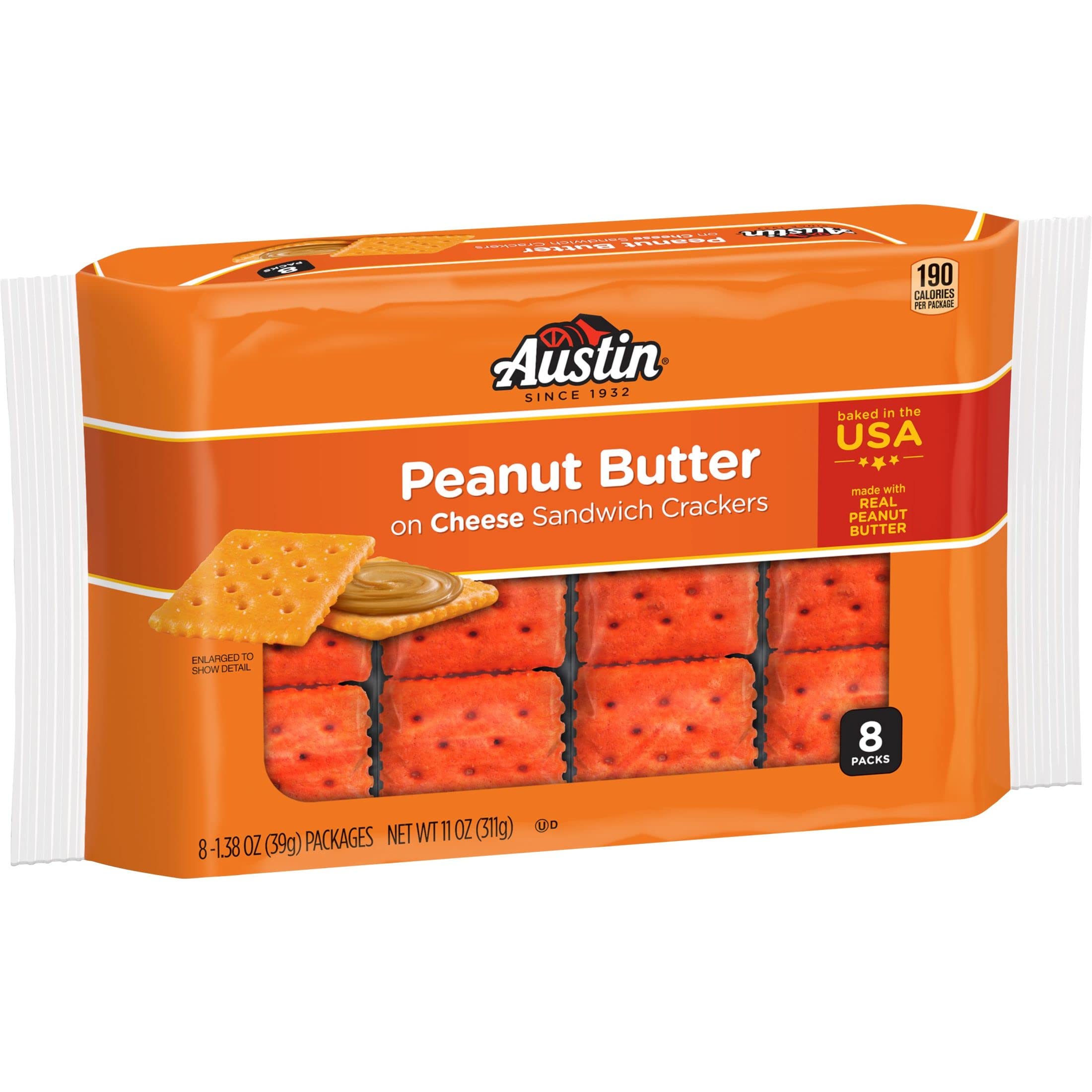 Austin Sandwich Crackers - Peanut Butter & Cheese Snacks, 11oz Tray (8 Packs) | Single Serve Office Snacks, Kids Lunchbox Treats & On-the-Go Snacking