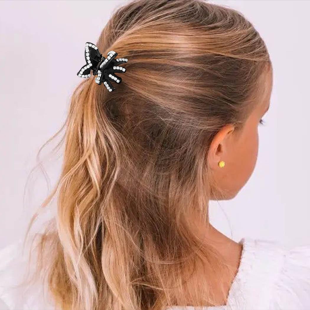 BARTOSI Small Rhinestone Butterfly Hair Claw Clips for Women & Girls - Black Mini Hair Accessories (2-Pack) | Perfect for Ponytails, Updos & Everyday Hairstyles