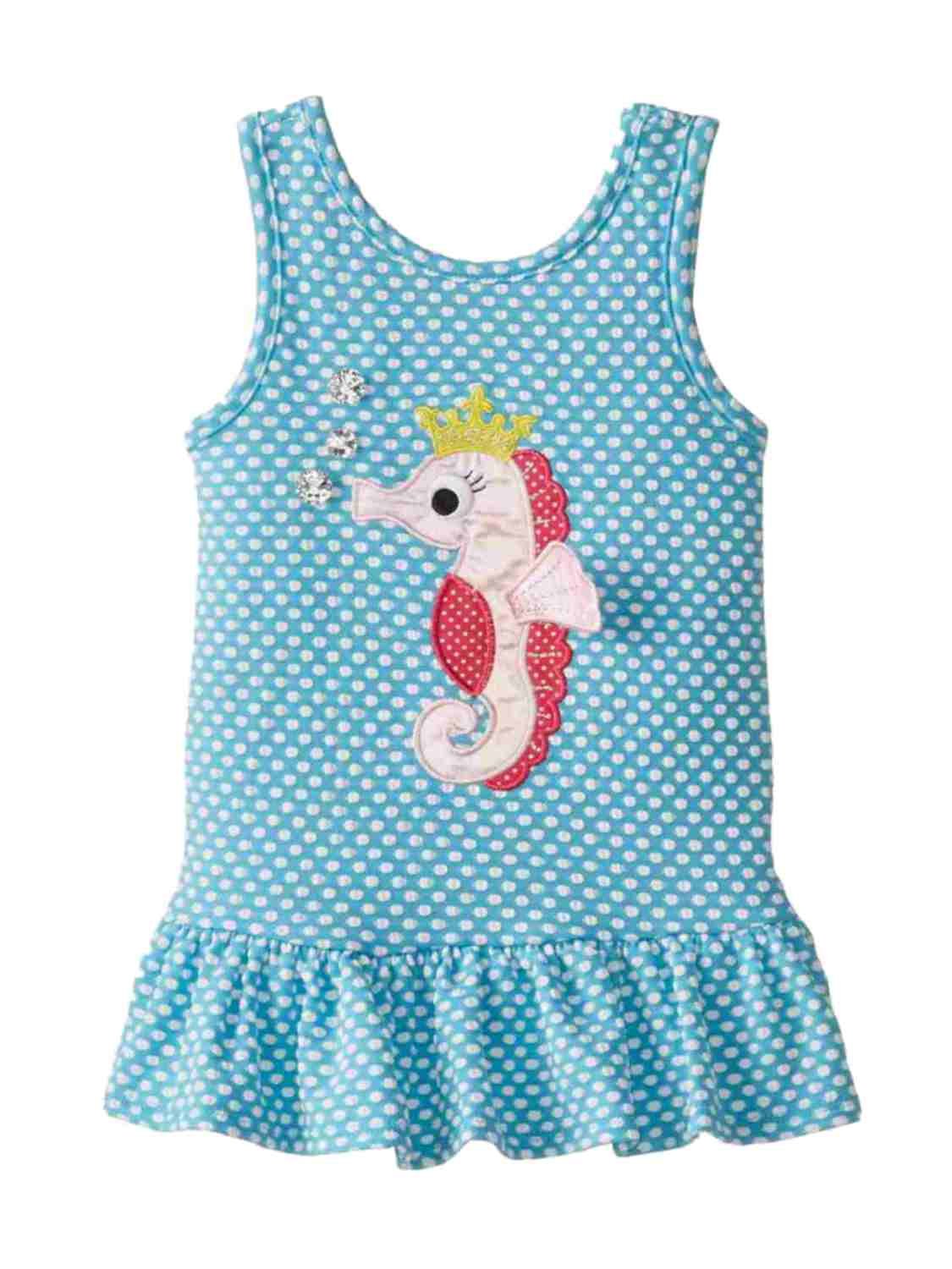 Youngland Infant Toddler Girls Blue White Polka Dot Dress with Seahorse Print - Cute Summer Sun Dress for Baby Girls, Perfect for Beach Outings, Birthday Parties & Family Photos