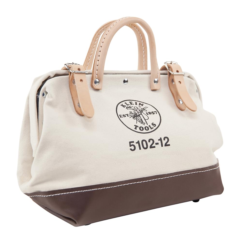**Klein Tools 5102-12 Heavy Duty Natural Canvas Tool Bag – Durable Multi-Purpose Tool Tote with Wide Hinged Opening & Leather Handles (12-Inch) – Perfect for Electricians, Contractors & DIY Projects**