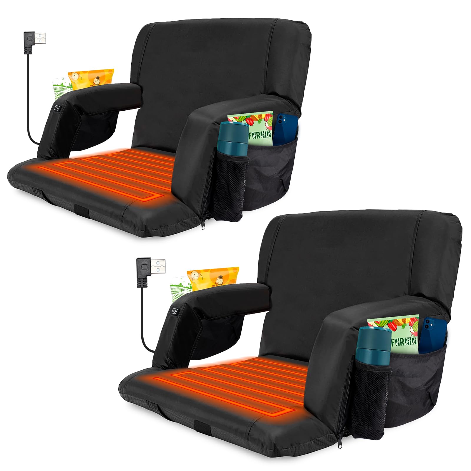 Heated Stadium Seat with Back Support - 3-Level USB Heating, Extra Wide & Portable Bleacher Chair for Outdoor Sports - 6 Reclining Positions (2-Pack) - Perfect for Football Games, Soccer Matches & Cold Weather Events