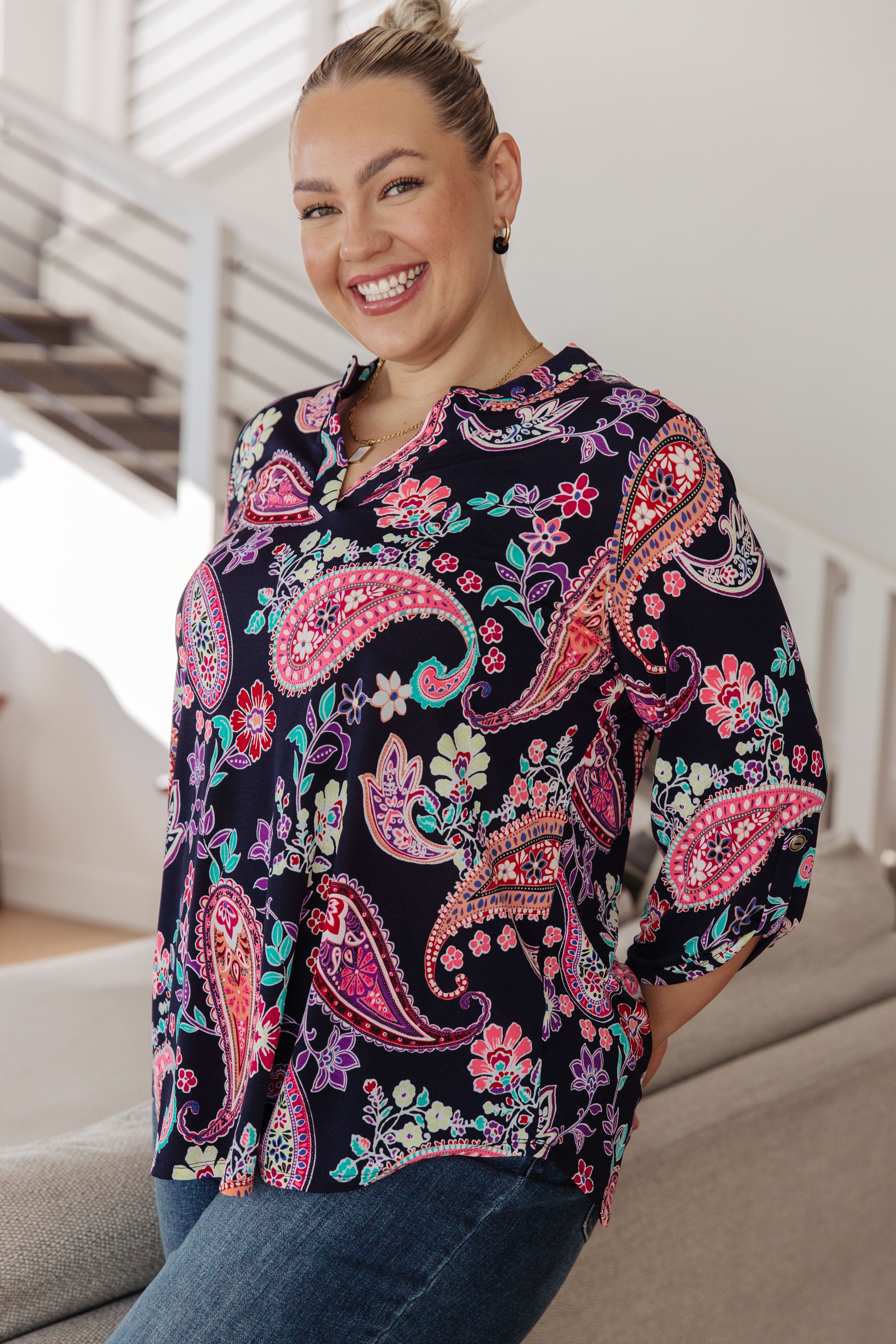 Lizzy Top Women's Navy Paisley Print Blouse - Casual & Office Wear, Perfect for Work, Dates & Everyday Outfits