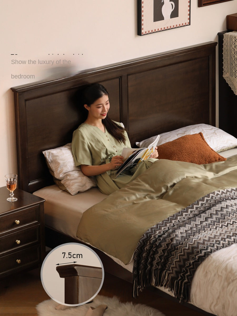 Solid Poplar Wood Bed - Modern American Retro High Back Bed Frame for Bedroom, Guest Room & Master Suite