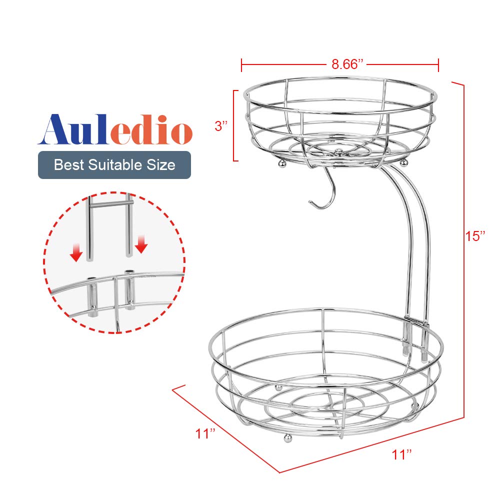 Auledio 2-Tier Countertop Fruit and Vegetable Storage Basket with Banana Hanger - Chrome Metal Kitchen Organizer for Fresh Produce Display in Pantry or Dining Room