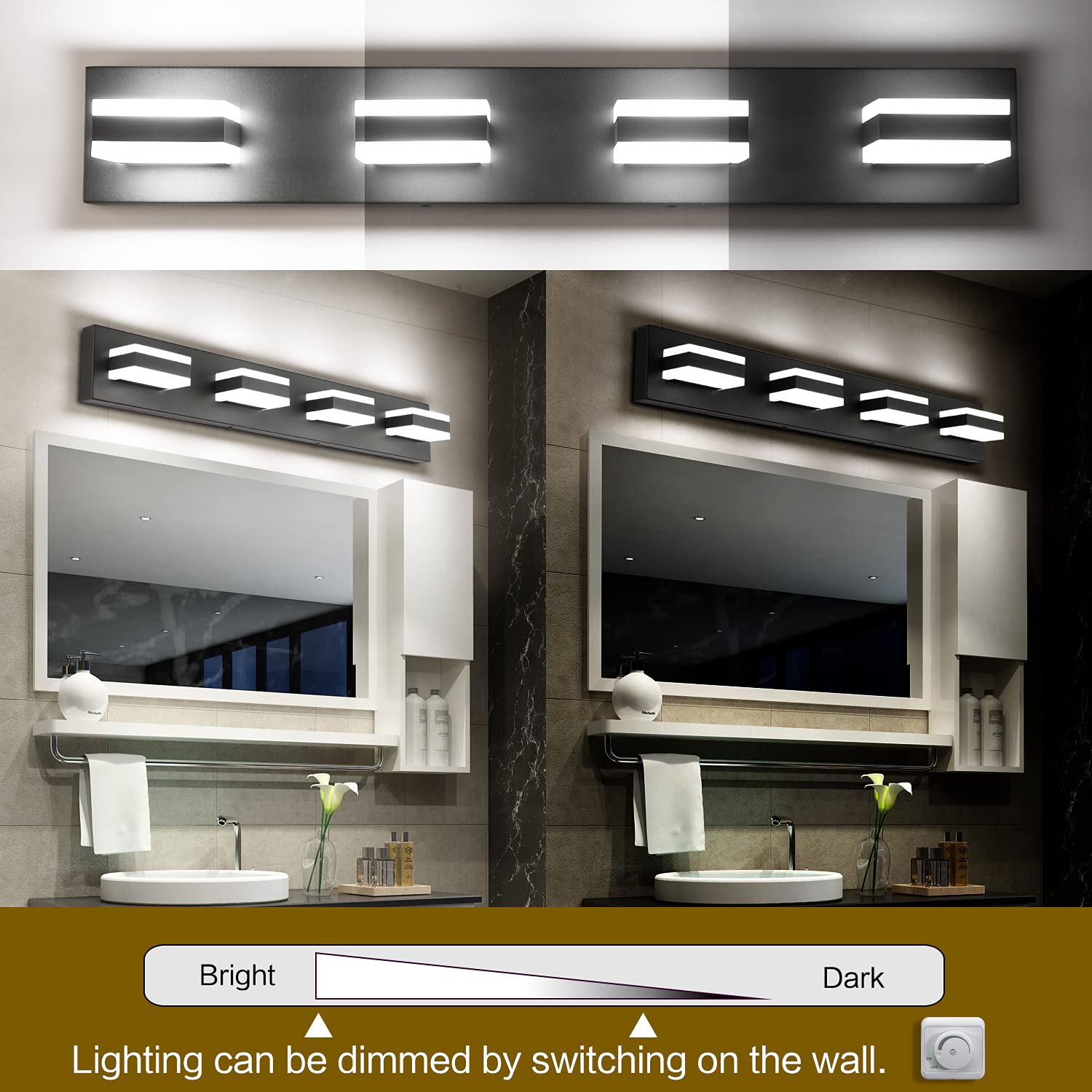 SOLFART Black Bathroom Vanity Light Fixture - 4-Light LED Dimmable Bathroom Lighting, 32W Cool White 6000K, 0%-100% Brightness Adjustable - Perfect for Modern Bathrooms, Powder Rooms & Vanity Areas