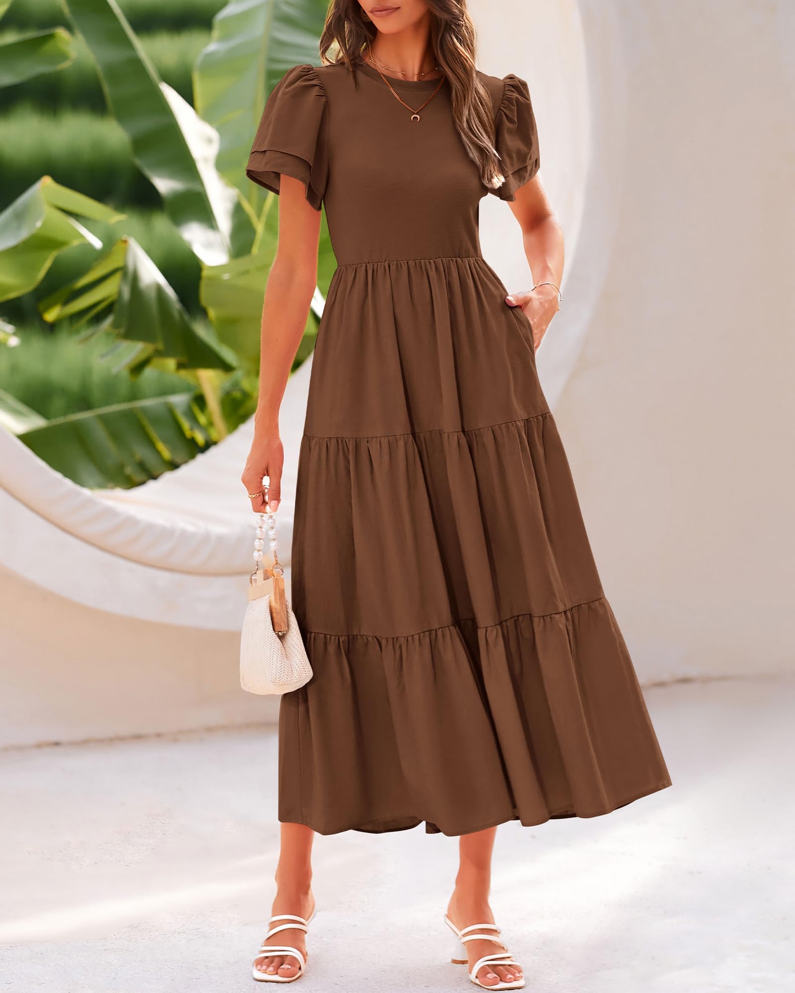 BTFBM Women's Casual Summer Dresses 2025 - Spring Crewneck Short Sleeve Tiered Flowy Boho Maxi Dress with Pockets for Beach Vacation & Summer Outings