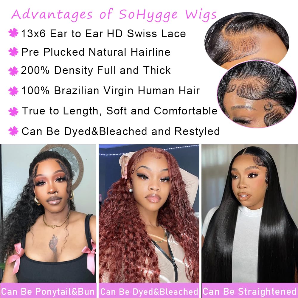 soHygge 30 Inch Deep Wave Lace Front Wigs Human Hair 13x6 HD Lace - Pre Plucked Deep Curly Human Hair Wig with 200% Density - Glueless Frontal Wigs for Women - Perfect for Daily Wear, Cosplay & Special Occasions