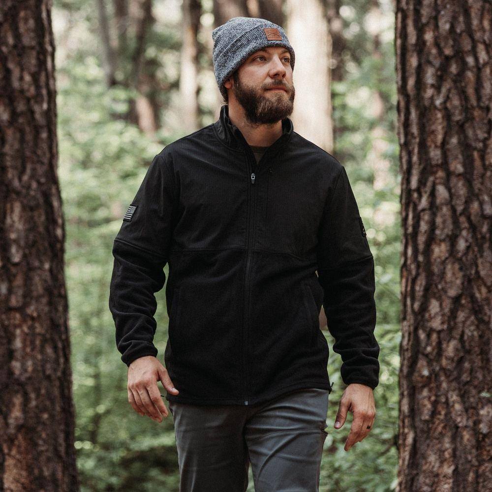 Men's Ripstop Hybrid Fleece Full Zip Jacket - Lightweight Water-Resistant Outdoor Jacket for Hiking, Camping & Casual Wear (Black)