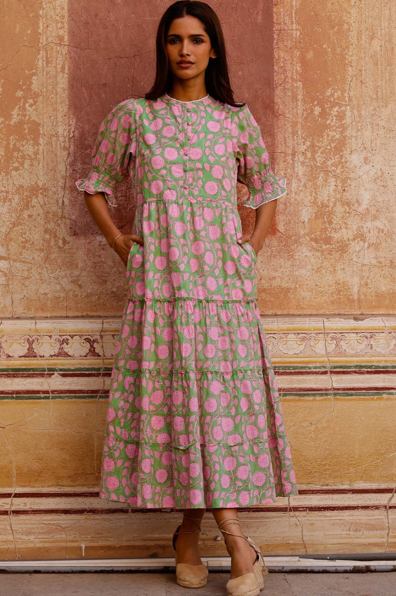 Organic Cotton Block Print Dress - Cordelia | Mara Green & Pink | Boho Chic Summer Dress for Beach, Vacation & Casual Wear