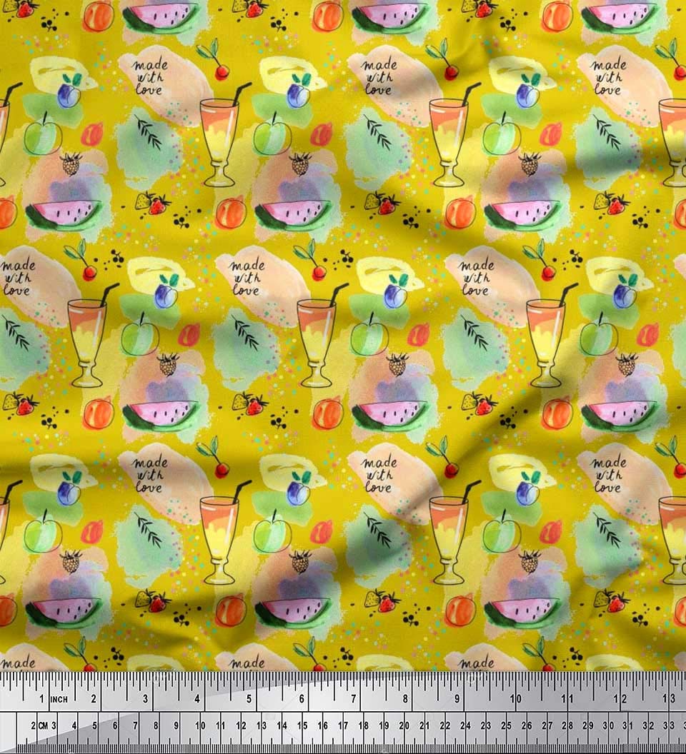 Soimoi Japanese Crepe Satin Fabric - Watercolor Juice & Fruit Print - 42 Inches Wide by The Yard - Perfect for Dresses, Scarves & DIY Craft Projects