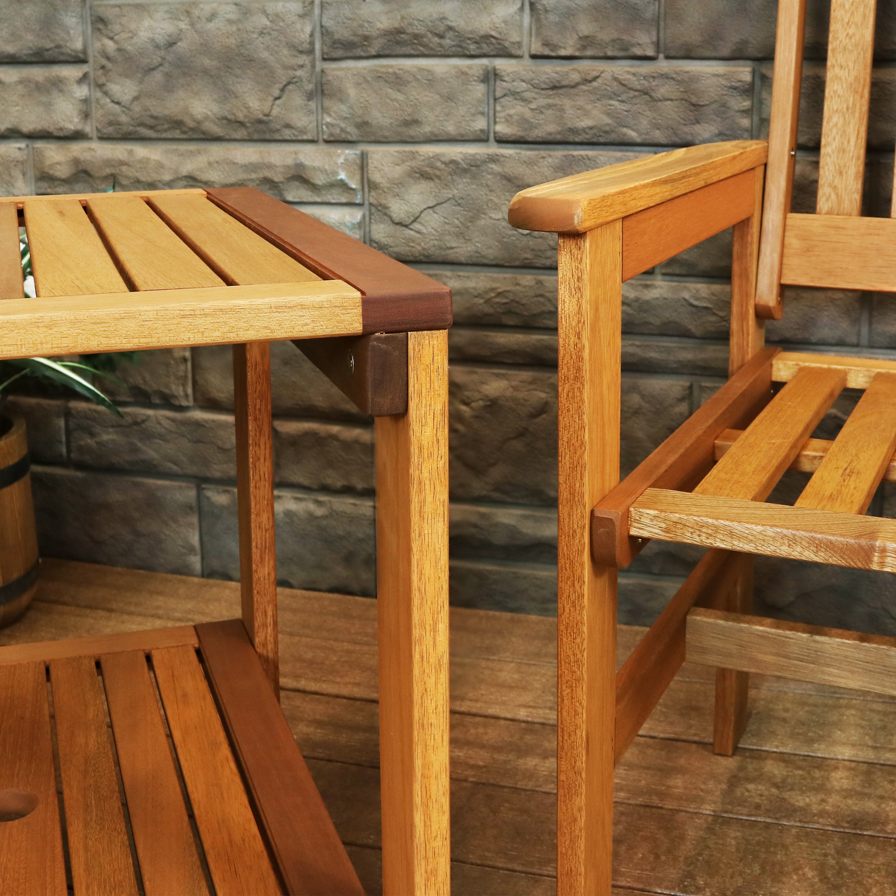 Sunnydaze Meranti Wood 3-Piece Outdoor Patio Conversation Set - Durable Garden Furniture for Backyard, Deck, or Poolside Relaxation