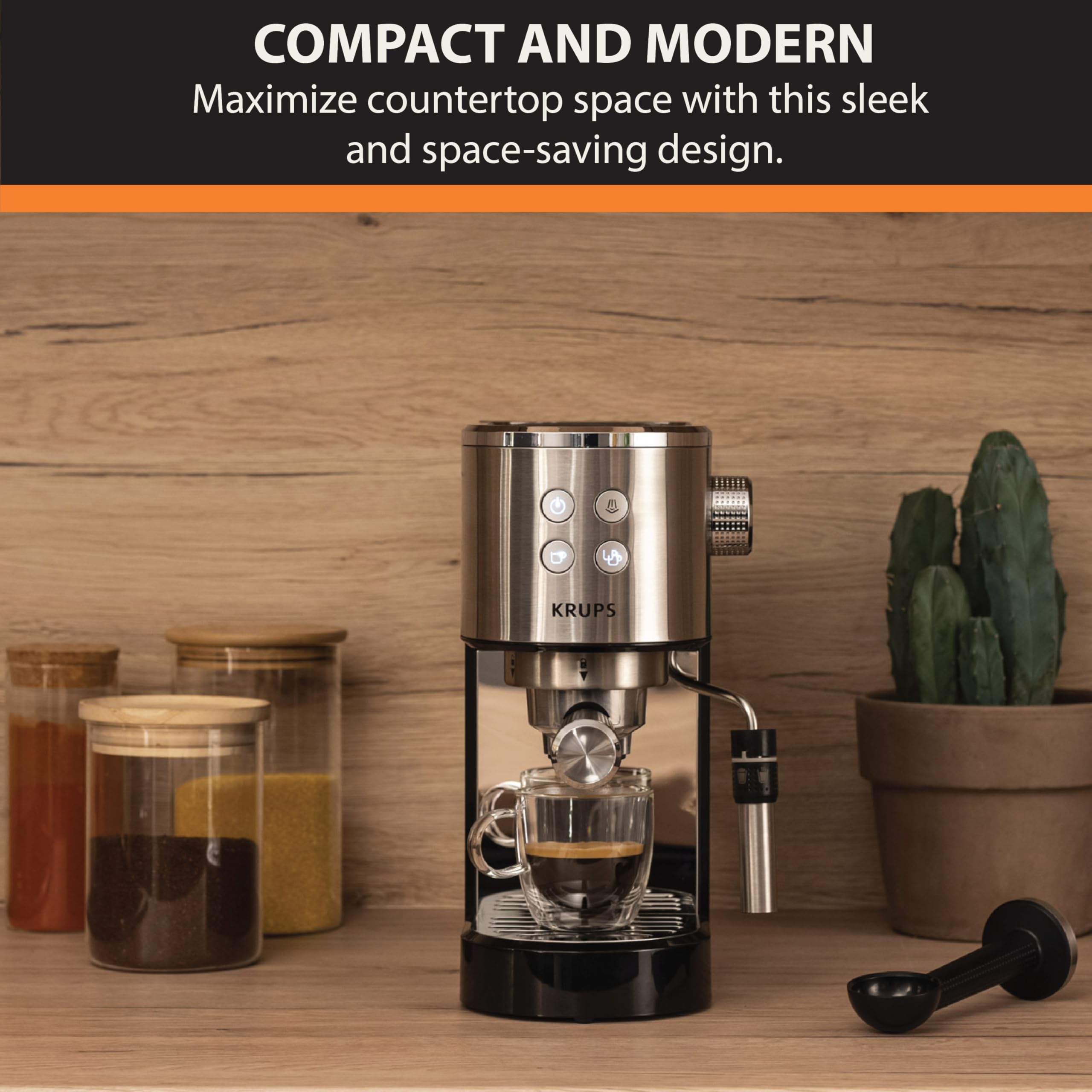 KRUPS Stainless Steel Espresso Machine with 15-Bar Pump Pressure & Milk Frother - Perfect for Cappuccino & Latte - Fast Pre-Heat, 2-Cup Capacity, Cup Warmer, Easy to Clean, 1350W, Silver - Ideal for Home Baristas & Coffee Lovers