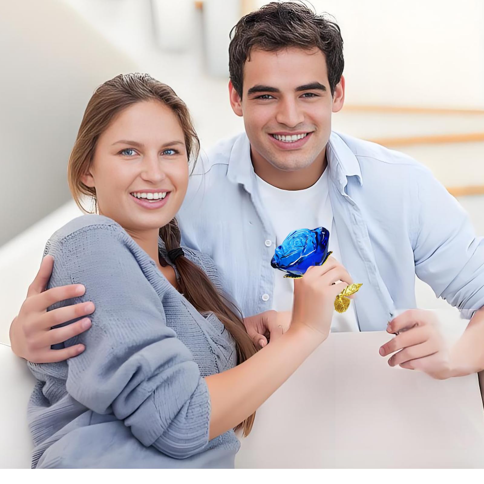 Blue Crystal Rose Gift for Women - Elegant Glass Rose with Golden Leaves, Unique Present for Girlfriend, Wife, Mom | Perfect for Valentine's Day, Mother's Day, Christmas, Birthday, Anniversary | Home Decor, Wedding Centerpiece, Romantic Gift Idea