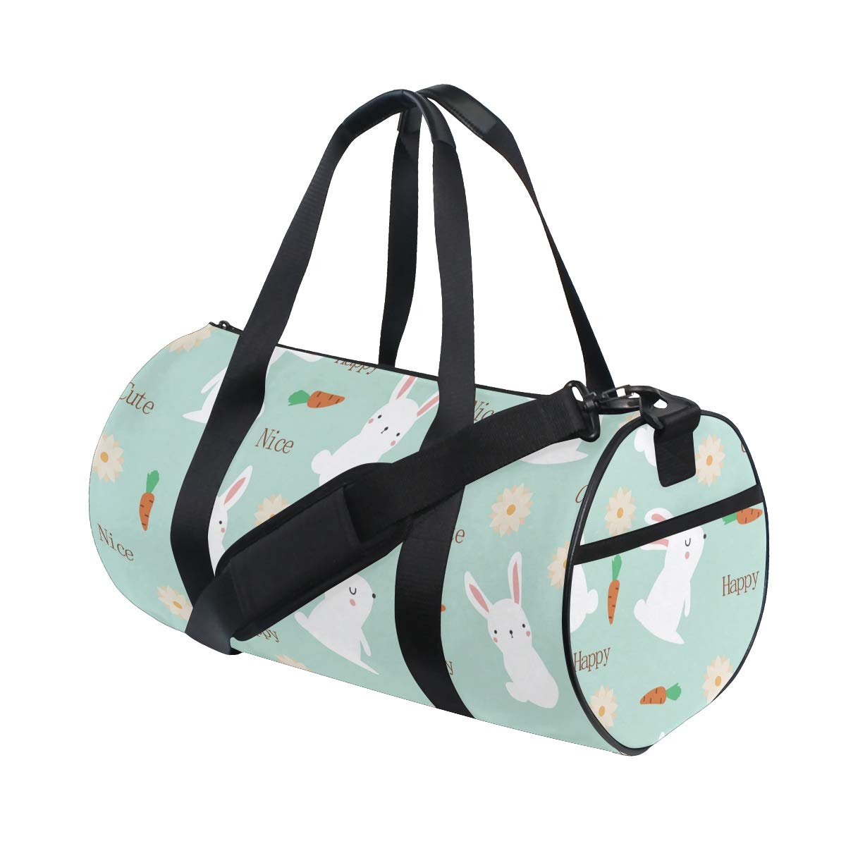 Cute White Rabbits Bunny Carrot Floral Barrel Duffel Bag - Light Blue Sports Gym Travel Bag for Women | Perfect for Workouts, Yoga, Beach Trips & Weekend Getaways
