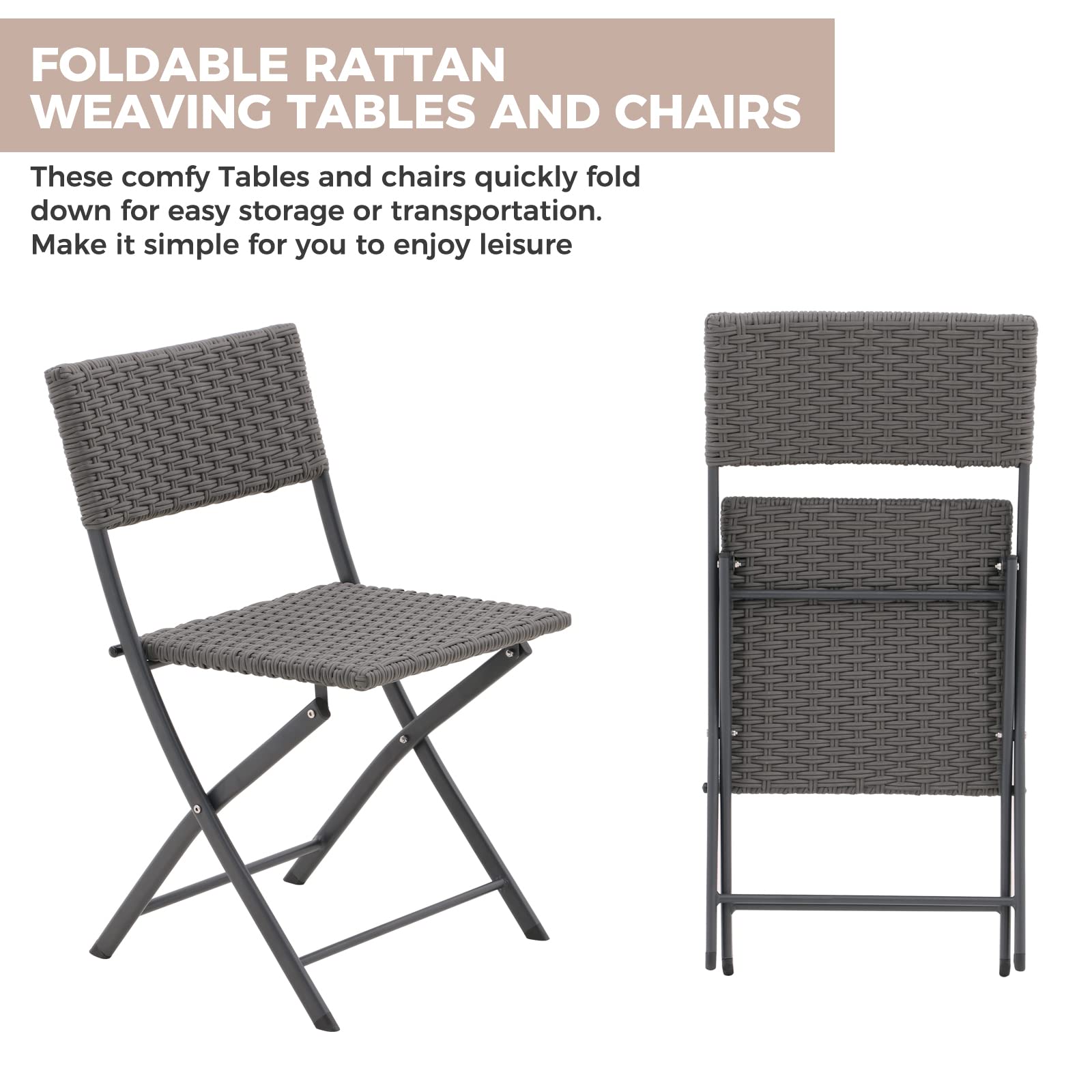 3-Piece Rattan Patio Bistro Set with Foldable Table & Chairs - All-Weather Outdoor Furniture for Garden, Backyard, Pool, Lawn & Balcony - Dark Grey Brushed Rattan Style (Perfect for Small Spaces & Entertaining)