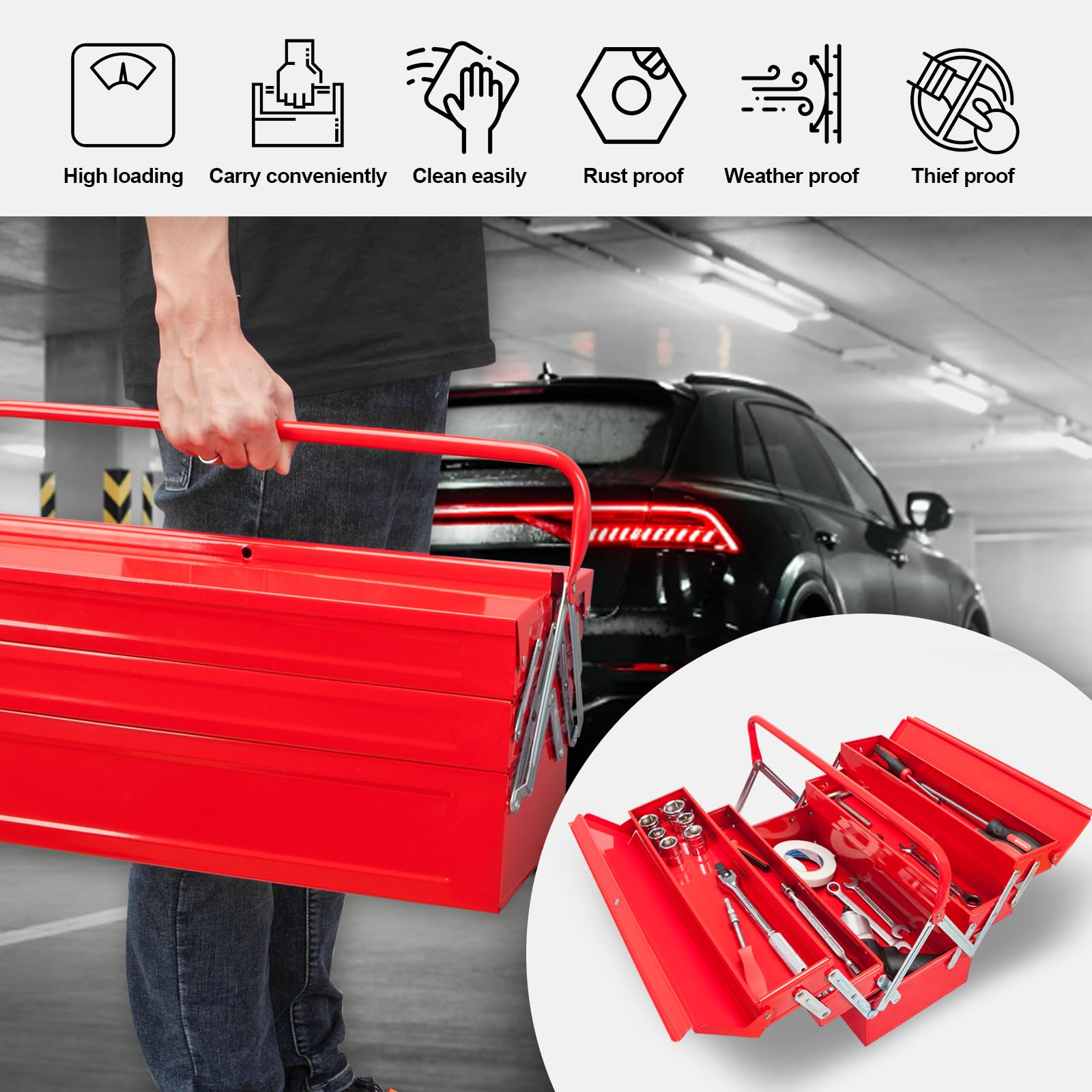 TCE 18 Inch Heavy Duty Metal Tool Box - Portable Steel Tool Storage Cabinet with 5 Cantilever Trays (ANTBC-128U, Red) - Perfect for Mechanics, DIY Projects & Workshop Organization