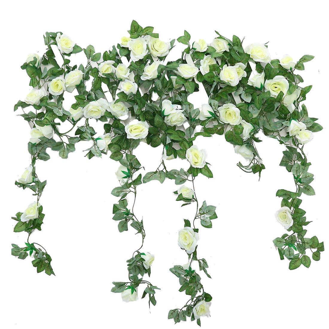 16 FT Artificial Rose Vine Garland - Fake Hanging Flowers for Home, Hotel, Office, Wedding & Party Decor (White, 2 Pack) - Perfect for Indoor/Outdoor Garden, Wall & Ceiling Decoration