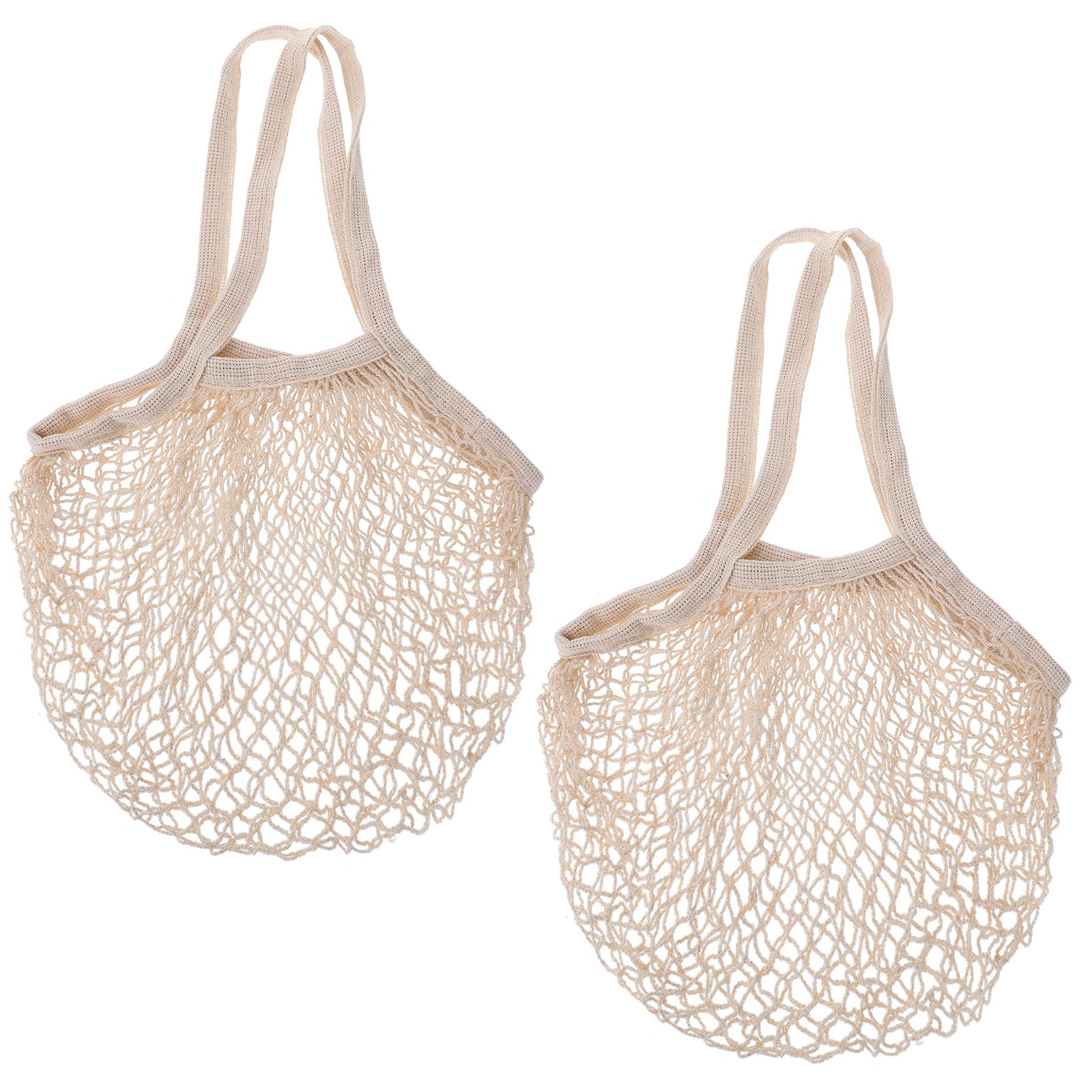 2 Pack Reusable Mesh Grocery Bags - Eco-Friendly Cotton String Shopping Totes for Fruits & Vegetables, Long Handle Washable Produce Bags, Portable & Durable (Beige) - Perfect for Farmers Market, Grocery Shopping & Food Storage