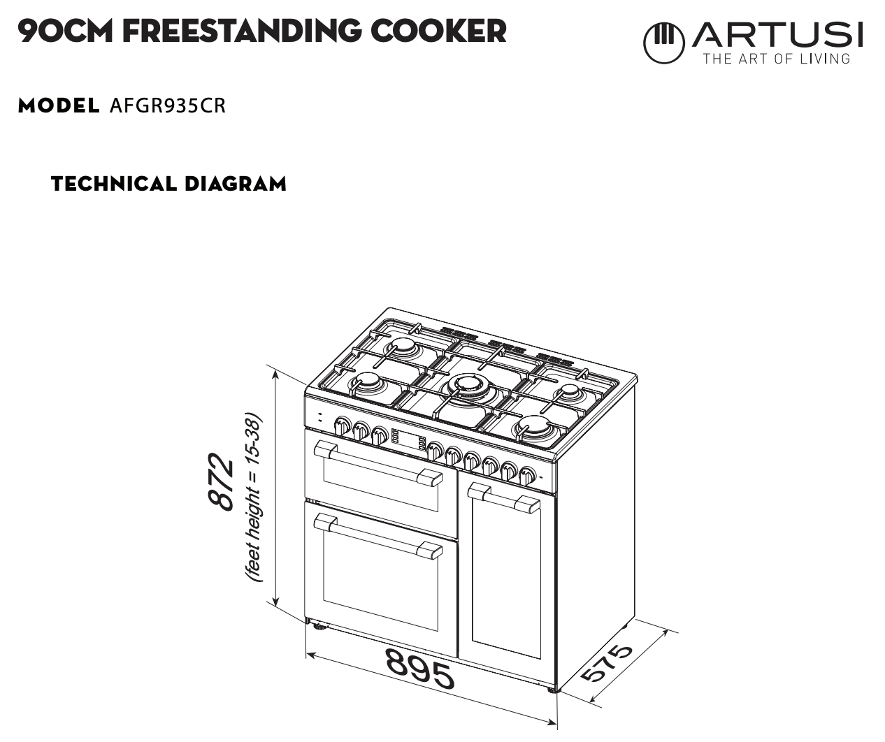 Artusi AFGR935CR 90cm Freestanding Gas Cooker with 5 Burner Gas Hob - Cream | Perfect for Modern Kitchens, Home Cooking & Entertaining