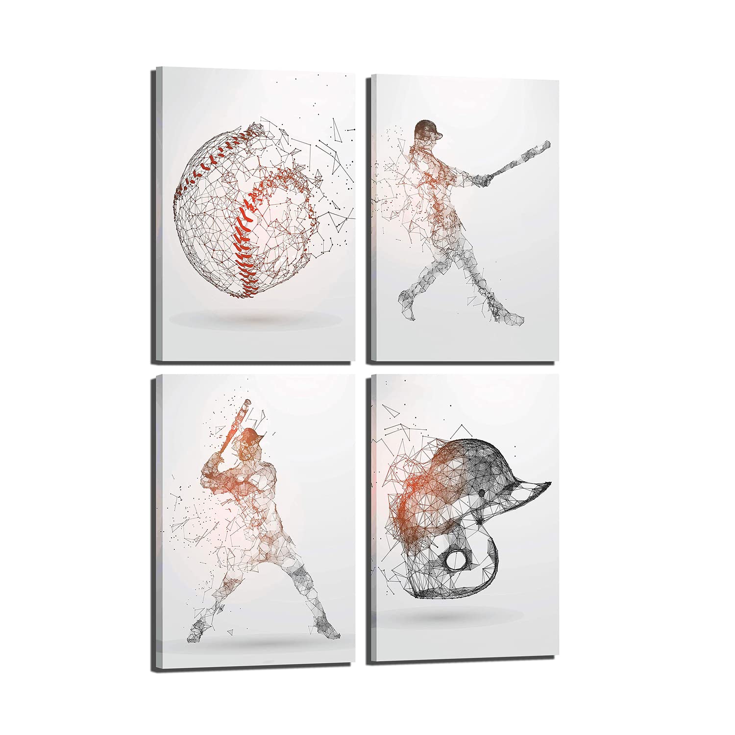 LBWIG ART Baseball Geometric Wall Art Prints - Modern Particle Silhouette Framed Canvas - 24x32 Inch Set of 4 - Ready to Hang for Bedroom, Living Room & Office Decor - Perfect for Sports Fans & Contemporary Home Design