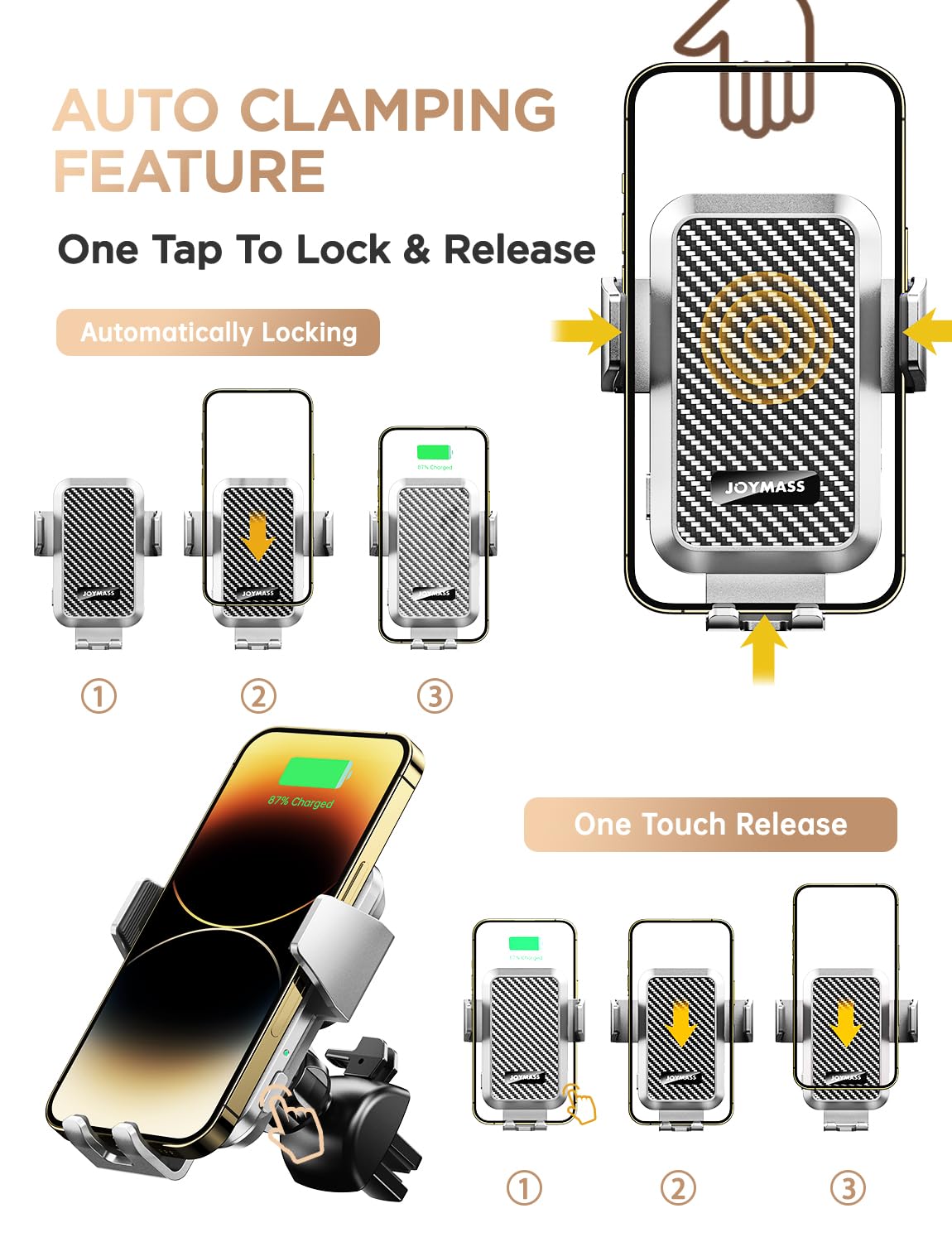 JOYMASS 15W Fast Wireless Car Charger - Auto Clamping Phone Holder for iPhone 15/14/13/12 Pro Max/Mini & Samsung Galaxy S24/S23/S22/S21/Note 20 - Vent Mount Car Accessories (Silver) | Perfect for Commuting, Road Trips & Hands-Free Driving