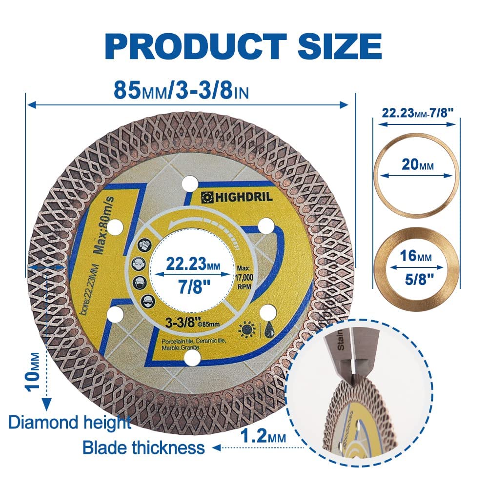 5-Pack HIGHDRIL 3 3/8 Inch Diamond Saw Blades for Tile Cutting - Turbo X Mesh Dry/Wet Use Circular Saw Disc for Porcelain, Ceramic, Granite & Marble | Perfect for Home Renovation, Bathroom Tiling & Stone Fabrication