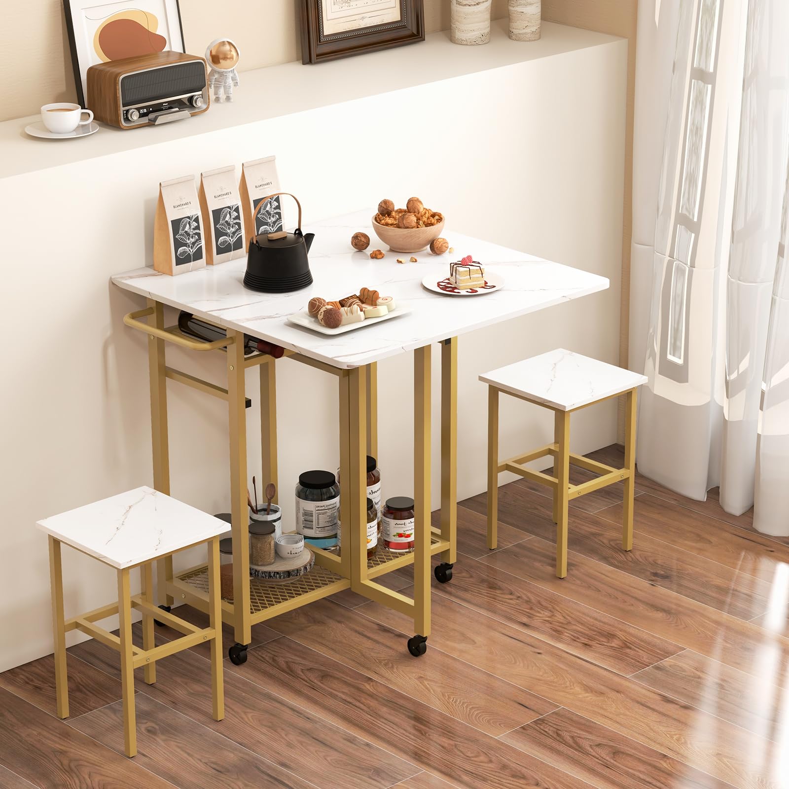 Giantex 3-Piece Extendable Folding Dining Table Set with 2 Stools, 6-Bottle Wine Rack & Storage Shelves - Space Saving Kitchen Table for Small Apartments, Breakfast Nooks & Compact Dining Areas