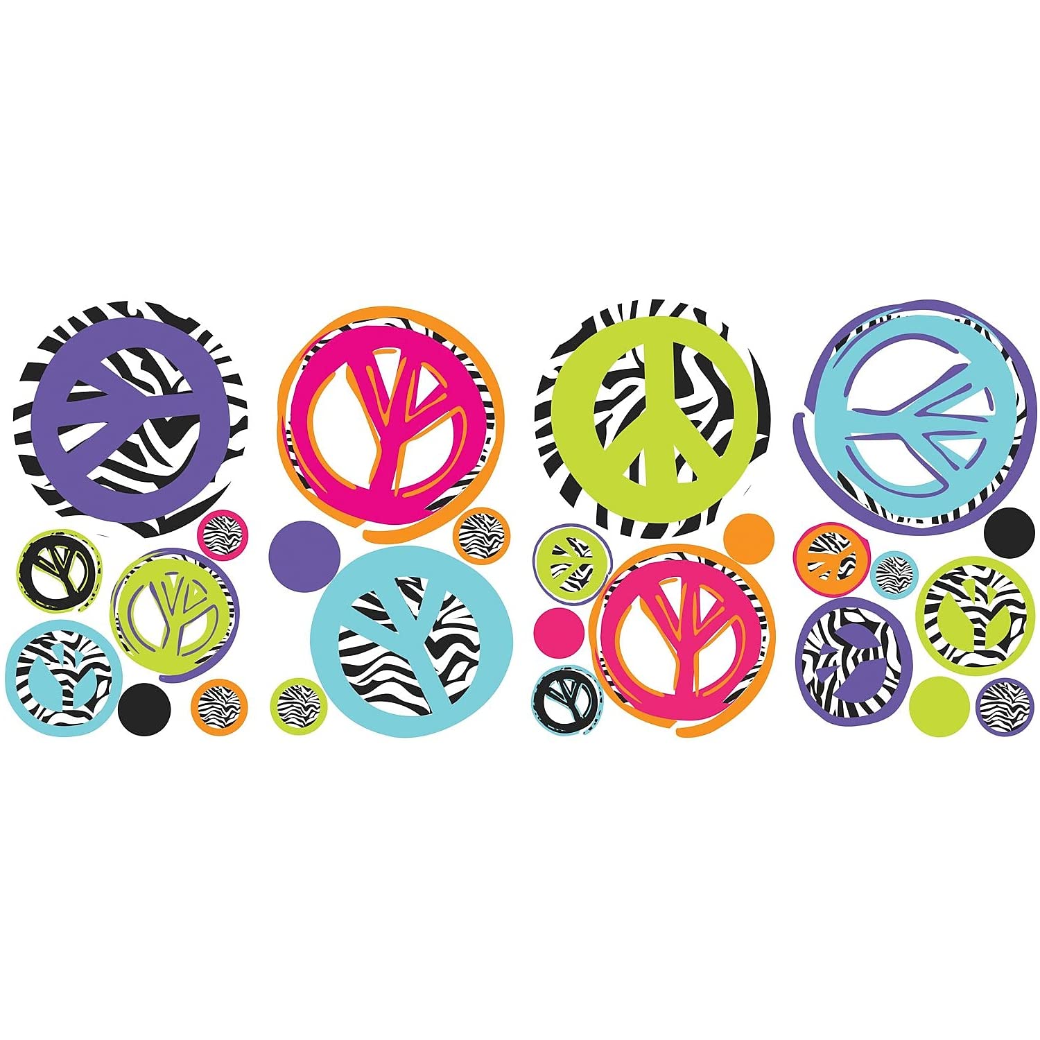 RoomMates RMK1860SCS Zebra Peace Signs Peel and Stick Wall Decals - Easy Removable Wall Stickers for Kids Room, Nursery, Dorm Decor - Perfect for Bedroom, Playroom & Teen Girls Wall Art