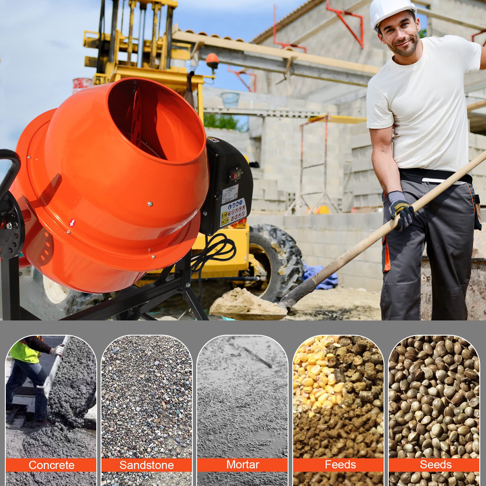 Electric Cement Mixer 3 Cu. Ft. - Portable Power Concrete Mixer with Wheels & Stand for Mud, Stucco, Mortar - Ideal for DIY Projects, Construction Sites & Home Renovations