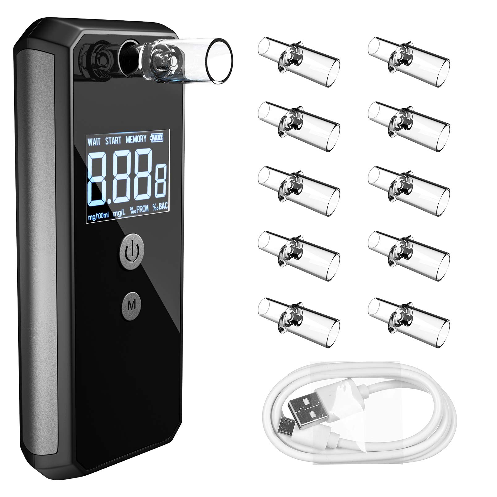 Professional Fuel Cell Sensor Breathalyzer - High Accuracy USB Rechargeable Alcohol Tester for Police & Personal Use | Includes 10 Mouthpieces | Perfect for Law Enforcement, Workplace Testing & Home Safety
