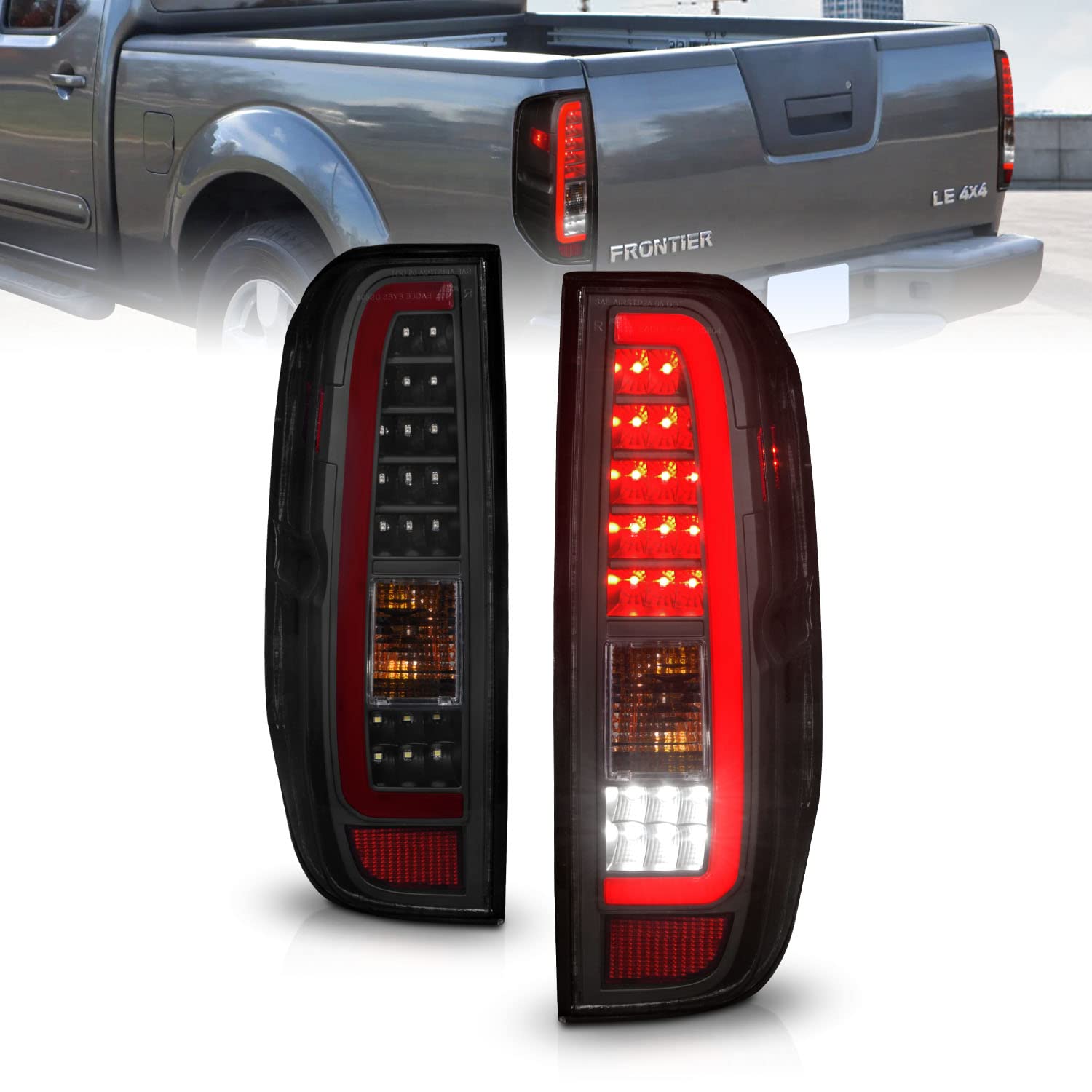 2005-2021 Nissan Frontier & 2009-2012 Suzuki Equator LED Tail Lights - Smoke Black C-Type Replacement Assembly (Pair) - Left & Right Side - Enhanced Night Visibility for Safer Driving