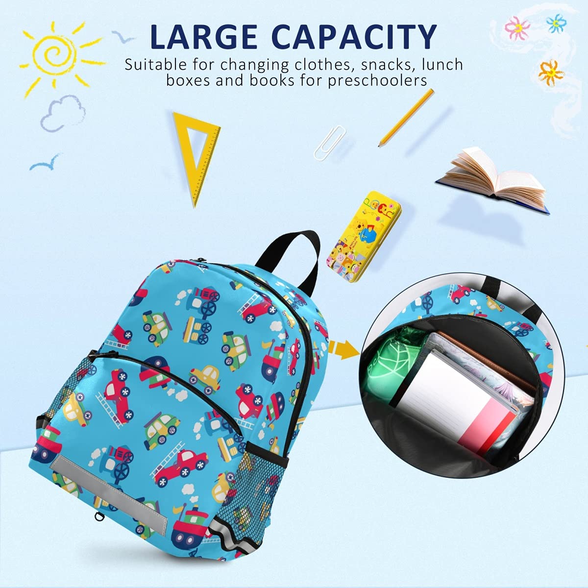 ALAZA Toddler Backpack for Boys & Girls - Cute Transportation Red Cartoon Cars Design, Lightweight Kindergarten Backpack for Preschool, Nursery, Daycare & Travel | Perfect for School, Outings & Daily Use