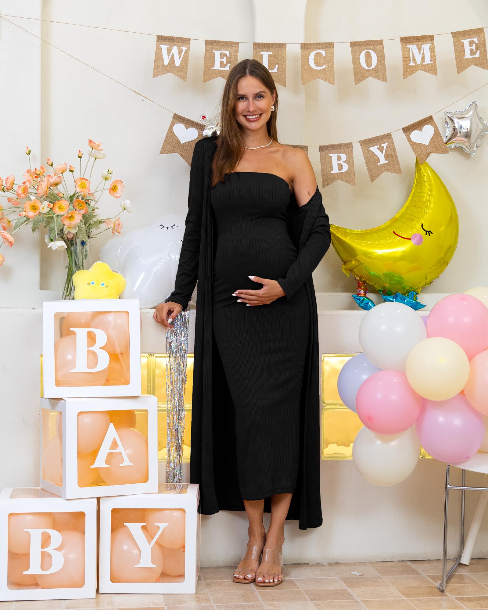 RNXRBB 2-Piece Maternity Dress & Cardigan Set - Flowy Summer Nursing Dress for Baby Shower, Wedding Guest, Gender Reveal Photoshoot | Comfortable Pregnancy Outfit for Special Occasions & Daily Wear