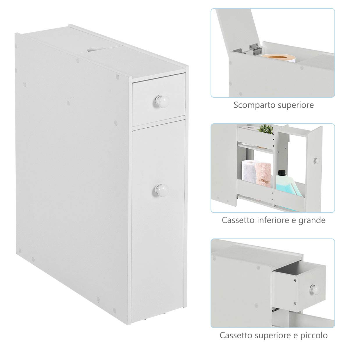 Rainfally Slim Bathroom Storage Cabinet - Narrow Toilet Paper & Bath Essentials Organizer for Small Spaces, Modern White Bathroom Vanity Cabinet - Perfect for Bedroom Nightstand, Living Room or Office Storage Solution