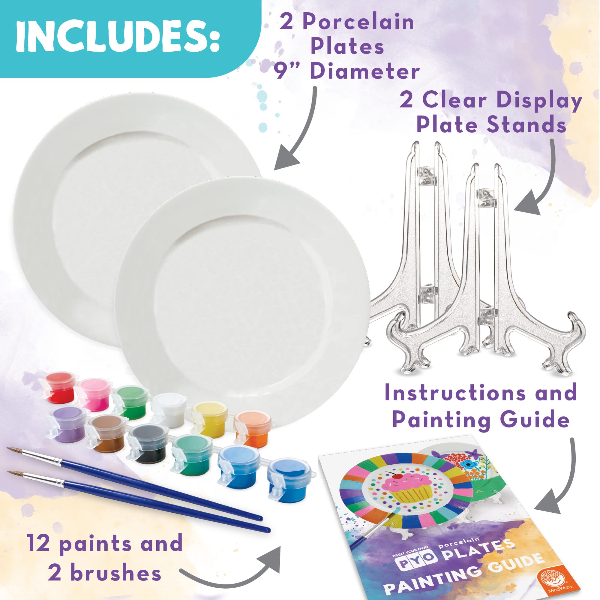 MindWare DIY Porcelain Painting Kit - 2 White Plates, 12 Vibrant Paints, 2 Brushes & Display Stands for Kids & Adults - Perfect for Birthday Gifts, Family Craft Night & Home Decor Projects