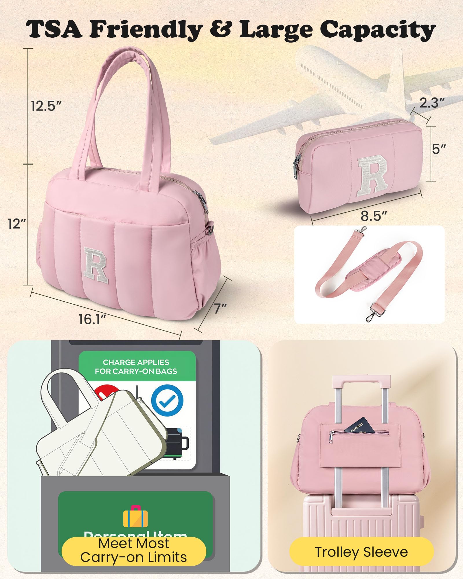 Personalized Monogram Weekender Bag for Women - Custom Initial Duffel Travel Bag with Makeup Pouch | Perfect Gift for Mom, Bride, Friend Birthday | Ideal for Weekend Getaways, Business Trips & Overnight Stays
