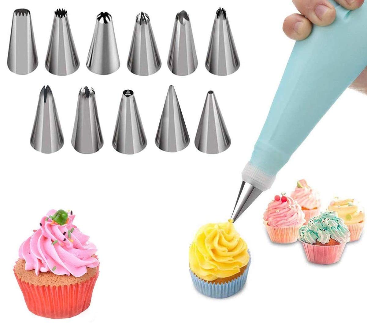 KARTCITY 12-Piece Stainless Steel Cake Decorating Nozzle Set with Piping Bags - Professional Icing Tips for Cupcakes, Muffins & Cake Frosting - Perfect for Birthday Parties, Wedding Cakes & Baking Decorations (Random Colors)