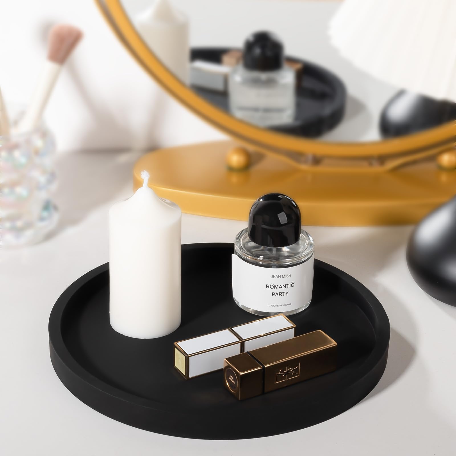 Black 9 Inch Round Silicone Bathroom Tray - Decorative Vanity Organizer for Soap, Candle, Perfume & Plants | Perfect for Bathroom Counter, Kitchen, Coffee Table & Home Decor