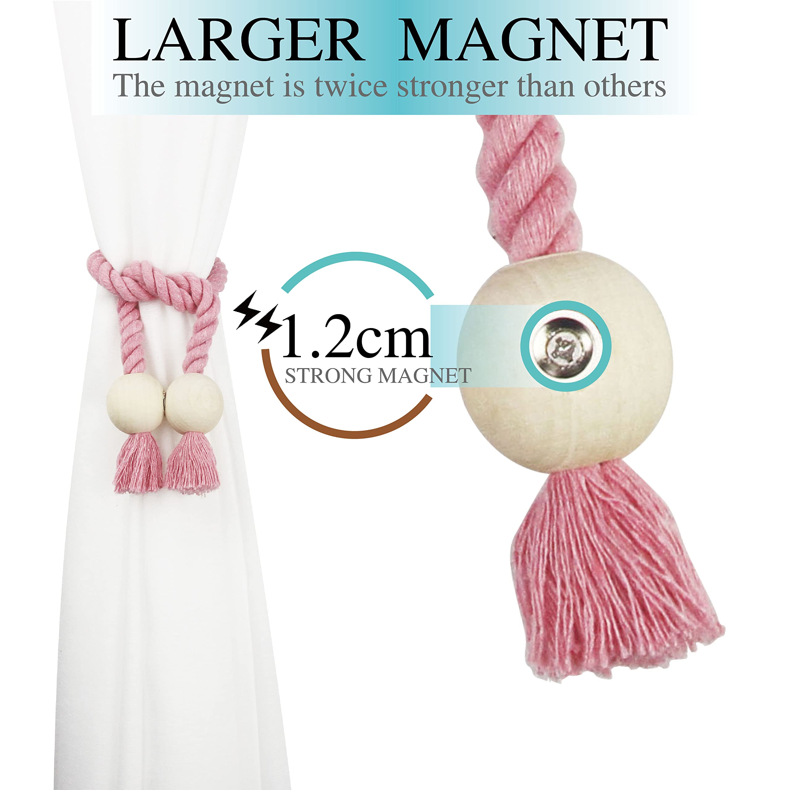 2 Pack Magnetic Cotton Hand Woven Curtain Tie Backs - Decorative Rope Holdbacks for Drapes & Curtains, No Tools Required, Pink - Perfect for Living Room, Bedroom & Window Decor