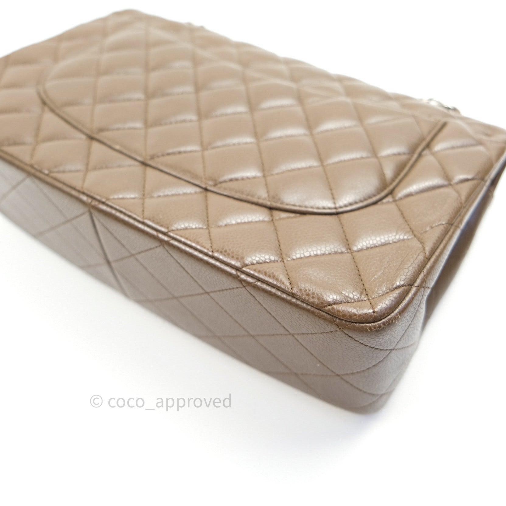Chanel Classic Double Flap Quilted Jumbo Bag in Khaki Caviar Leather with Silver Hardware - Luxury Designer Handbag for Women, Perfect for Work, Evening Events & Everyday Use
